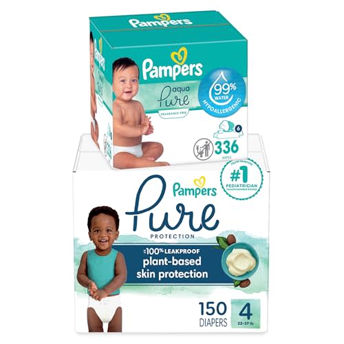 Pampers Pure Protection Disposable Baby Diapers Size 4, One Month Supply (150 Count) with Aqua Pure Baby Wipes, 6X Pop-Top Packs (336 Count)