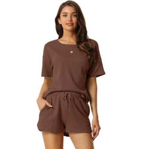cheibear Women's Casual Pullover Short Sleeve Sleepshirt with Shorts Waffle Pajama Sets