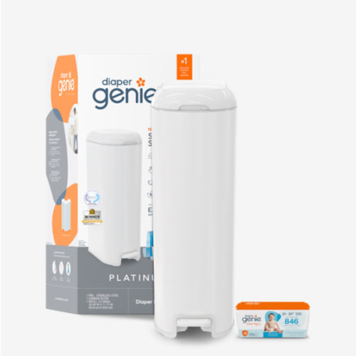 Diaper Genie Platinum Pail (Lilly White) is Made of Durable Stainless Steel and Includes 1 Easy Roll Refill with 18 Bags That can Last up to 5 Months.