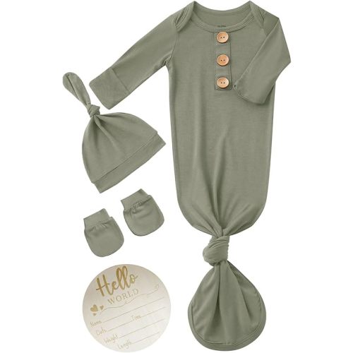Newborn Baby Knotted Gown Headband/Hat Set Clothes Bamboo Viscose Sleep Gown with Announcement Sign
