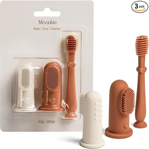 Moonkie Baby Finger Toothbrush Tongue Oral Cleaner Kit for 3 Months +, 3 Pcs (Clay/Ivory/Clay)
