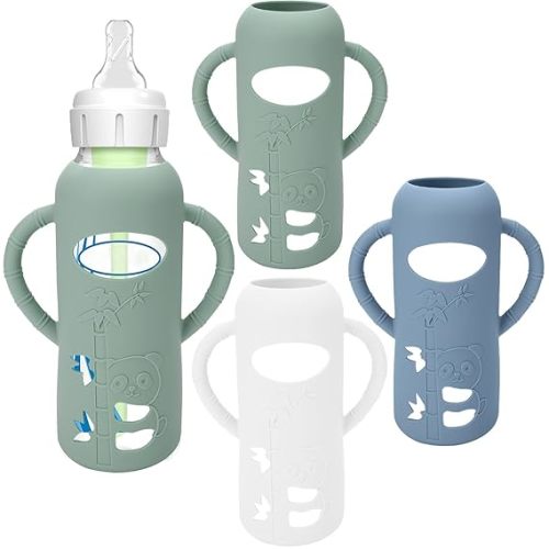 3 Pack Silicone Sleeves for Dr. Brown's Glass Baby Bottles - Drop Protection Baby Bottle Sleeves,Compatible with Dr. Brown's Newborn Glass Bottles,with Silicone Handles,8 oz