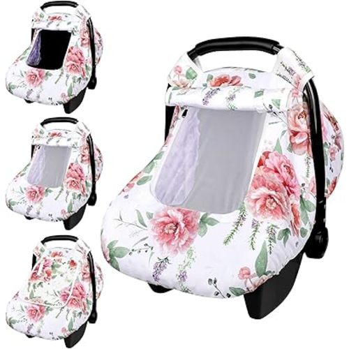 Baby Carseat Cover Girls, Pea Pod Floral Infant Car Seat Covers Canopy for Newborn with 2 Layers Windows of Breathable Mesh/Fabric, Lightweight Polyester/Minky Dot Backing, Snug Fit Most Baby Car Seat