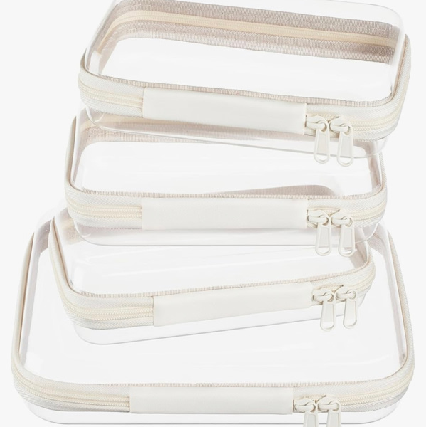 4 pcs Clear Zipper Pouches,Hard Shell Zipper Case, Toiletry Bag for Travel, CLear Diaper Bag, Toiletry Pouch, Travel Organizer, Cosmetic Bag,Toy Storage Bins (M+3S)(Ivory)