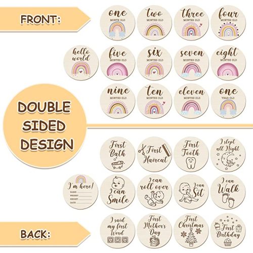 13 Pieces Baby Monthly Milestone Wooden Baby Milestone Cards Boho Rainbow Double Sided Printed Milestone Discs Wood Gift Photo Prop Discs Sets Birth Announcement Sign for Baby Shower Newborn