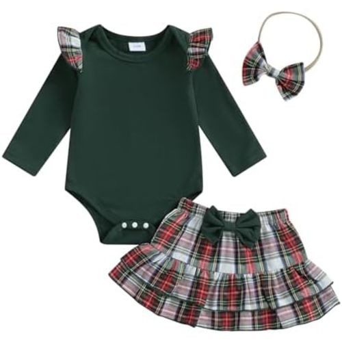 Newborn Baby Girl Outfits Christmas Long Sleeve Romper Bodysuit With Plaid Skirt Bows Infant Fall Winter Clothes