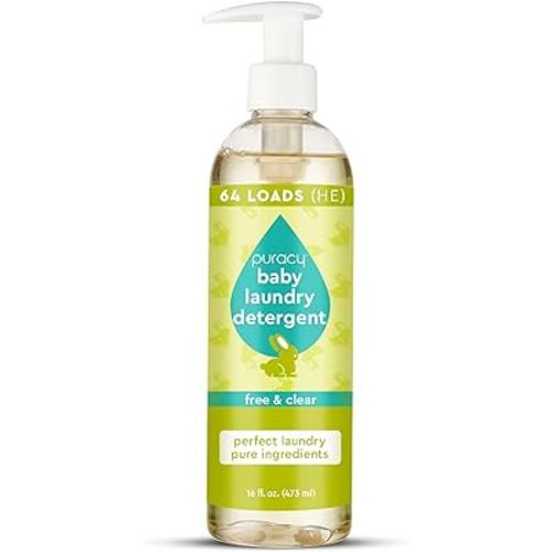 Puracy Liquid Baby Laundry Detergent - 1,4 Dioxane Free, Natural, Scent-Free Gentle Laundry Detergent Liquid Concentrate Laundry Pouch with Stain Fighting Enzymes, Free & Clear, 16oz