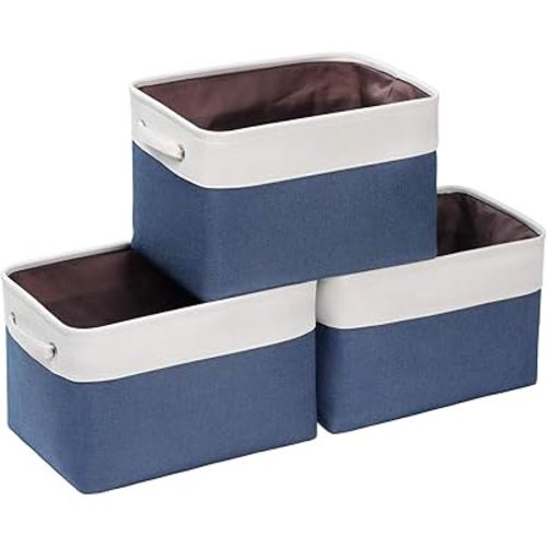 Kntiwiwo Foldable Storage Bins 15" x 10" x 9.5" Fabric Storage Basket Cube with Handles Large Linen Closet Organizer Bins for Organizing Shelf Home, Set of 3, Blue