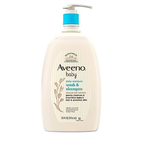 Aveeno Baby Daily Moisture Gentle Bath Wash & Shampoo with Natural Oat Extract, Hypoallergenic, Tear-Free & Paraben-Free Formula For Sensitive Hair & Skin, Lightly Scented, 33 fl. oz - 33 Fl Oz (Pack of 1)
