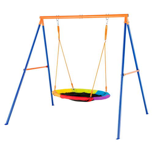 KFFKFF Outdoor Swing Set, Supports 440lbs, 40" Circular Swing Seat, Sturdy A-Frame Metal Stand with Adjustable Cord, Simple Assembly, Outdoor Play Equipment for Children
