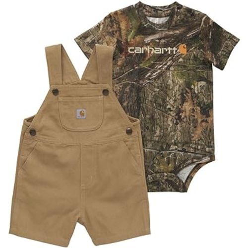 Carhartt Infant Boys 8915 Baby Short-Sleeve Bodysuit and Canvas Shortall Set, Camo Oak DNA print - 3 Month