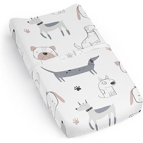 Sweet Jojo Designs Dog Boy Girl Unisex/Gender Neutral Baby Changing Pad Cover Sheet Infant Newborn Diaper Table Change Mat Cover Grey Taupe Blue Modern Puppy Pet Watercolor Puppies Bulldog Paw Print
