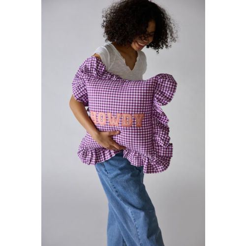 Gingham Howdy Slogan Text Ruffle Throw Pillow