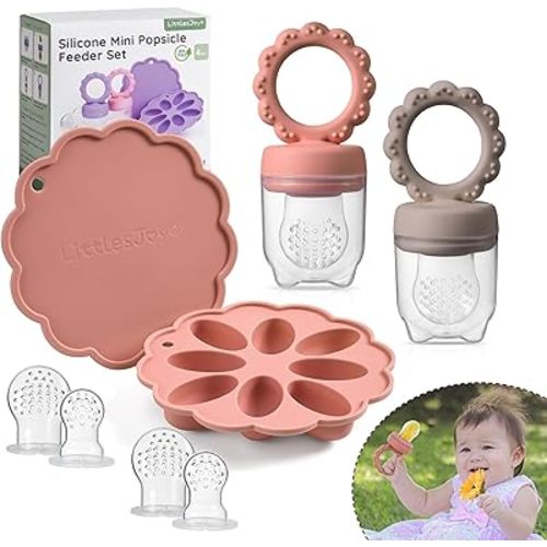 Baby Fruit Food Feeder & Mini Popsicle Ice Tray Set, BPA Free Silicone Baby Feeder for Safe Solid Food Feeding, Breastmilk Popsicle Molds for Cooling Relief, 4 Month+ (Sunset)