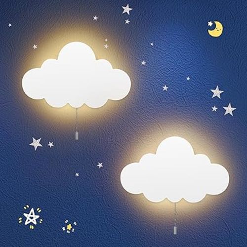 2 Pack Cloud Light - Battery-Powered Wall Lamp for Nursery, Kids Bedroom & Baby Room, 3000K Warm Night Light with Pull-String Switch, Cordless 3.7V, Lightweight 13x8in (No Charging Needed)