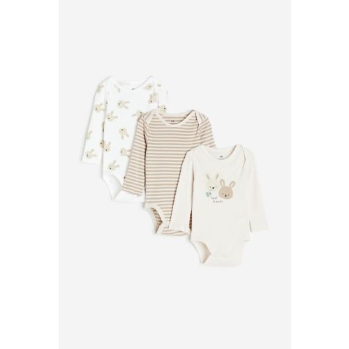 3-pack Long-sleeved Bodysuits - Beige/rabbits, NB (1-2M)