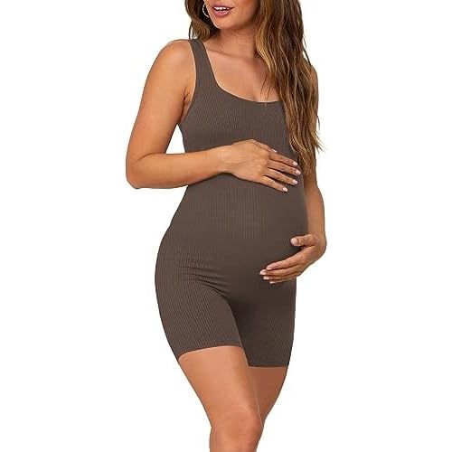 AIBIANOCEL Women's Maternity Bodysuit Pregnancy Shapewear Sleeveless Tank Top Shorts Ribbed Romper Jumpsuit