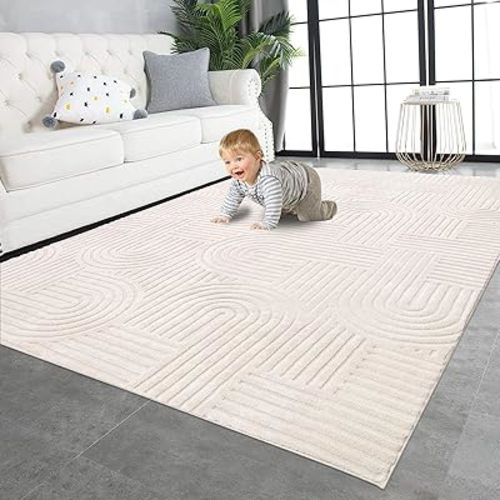 SHACOS Soft Cozy Fluffy Arch Pattern High-Low Textured Area Rug 5'3"x7'3" Non Slip Washable Modern Geometric Rug Stain Resistant Contemporary Carpet for Living Room Bedroom Dining Room, Cream