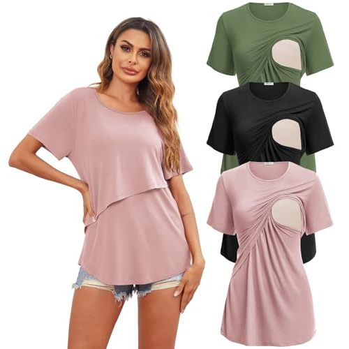 Ekouaer Women's Maternity Shirts Short Sleeves Nursing Tops 3 Pack Double Laye Breastfeeding Tees Pregnancy Clothes S-XXL