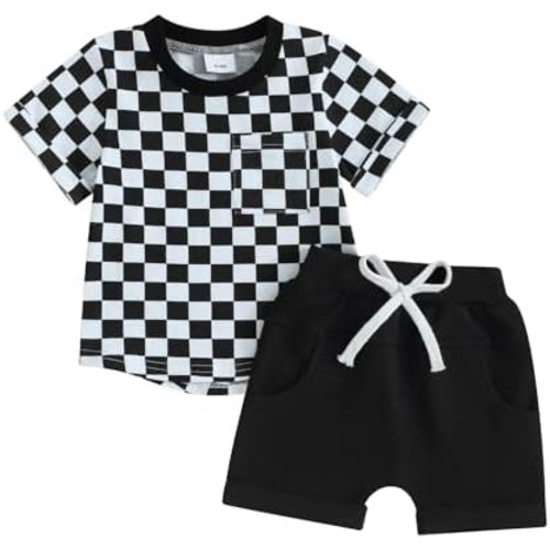 Toddler Baby Boy Girl Summer Clothes Checkerboard Print Short Sleeve T-Shirt Tee Tops Rolled Shorts Infant Outfits