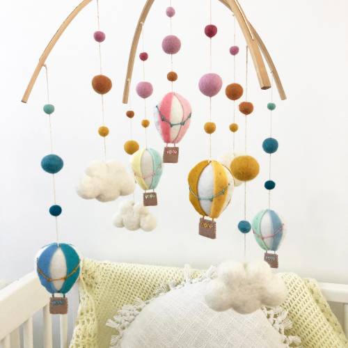 Scandi rainbow hot air ballon and cloud mobile, felt ball mobile, handmade mobile, neutral gender nursery, baby mobile, felt mobile,