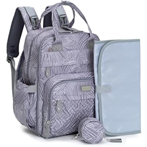 BabbleRoo Diaper Bag Backpack - Baby Essentials, Travel Essentials Baby Bag with Changing Pad, Stroller Straps & Pacifier Case - Unisex, Gray Swirls