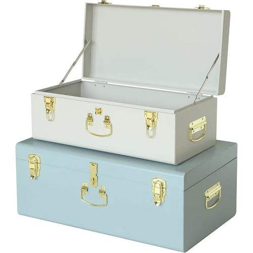 Vixdonos Decorative Large Metal Box Storage Trunk Chest Set of 2 College Dorm Organizer with Hardware Hasps and Handle for Home Deocr,23.7X14.2X9.5 Inches(White and Blue)