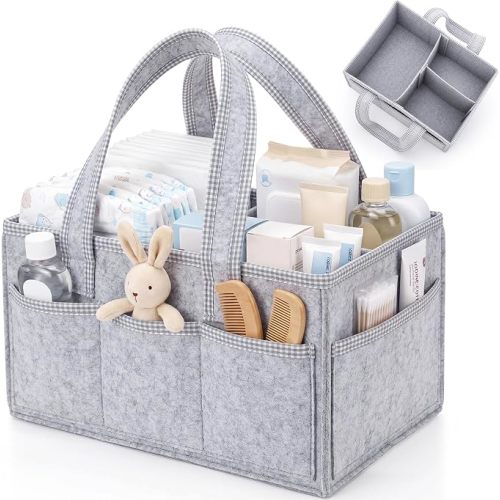 1 Pcs Felt Diaper Caddy Organizer Nursery Storage Basket with Removable Divider and Handle Baby Bag Essentials Changing Table Organizer for Travel Car Closet Gender Baby Shower (White)