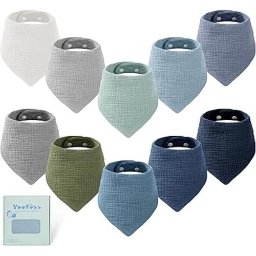 Yoofoss Muslin Baby Bibs 10 Pack Bandana Bibs 100% Cotton 6-Layer Soft Absorbent Drool Bibs for Boys and Girls, Gradient Blue