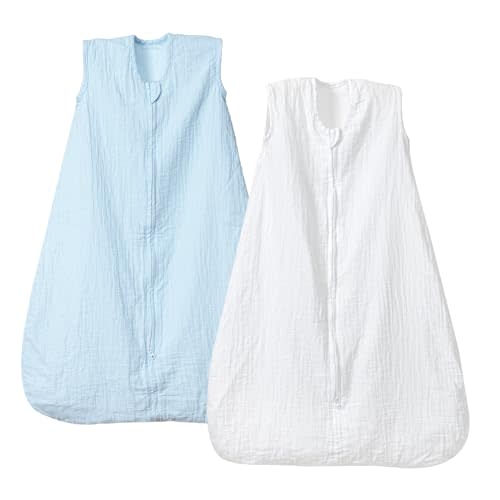 PHF 100% Muslin Cotton Baby Sleep Sacks, 6-12 Months Sleep Sack with 2-Way Zipper, 2 Pack Cooling Unisex 0.5 TOG Breathable Medium Size Sleeveless Baby Wearable Blanket, White & Blue