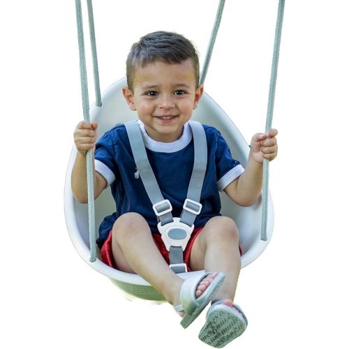 Swurfer Coconut Toddler Swing Comfy Baby Outdoor, 3- Point Adjustable Safety Harness, Secure, Safe Quick Locking System, Blister-Free Rope, Easy Installation, Ages 9 Months and Up, Ivo, White