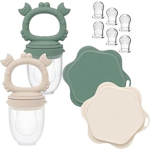 Ginbear Baby Fruit Food Feeder & Popsicle Molds Combo (Set of 2), Silicone Teething Feeders with Freezer Tray for Infants 4 Months+ (Dark Sage/Ivory)