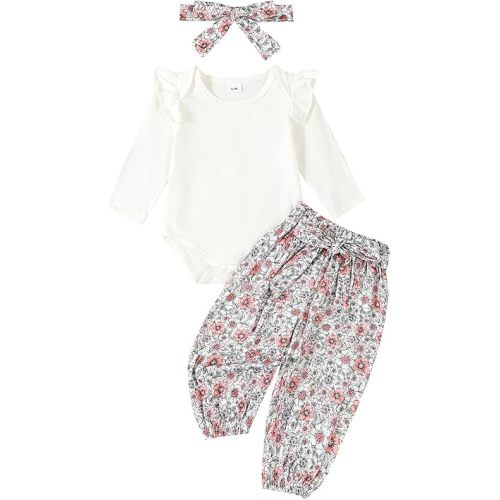 Kaipiclos Newborn Infant Girl Clothes Rib Knit Romper Daisy Print Pants Headband Baby Clothes for Girls 0 3 6 12 18 24 Months - 0-3 Months - White Floral Print