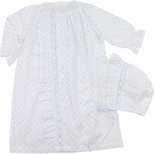 Blue Swiss Dot Heirloom Ribbon Baby Gown And Bonnet – Cecil & Lou