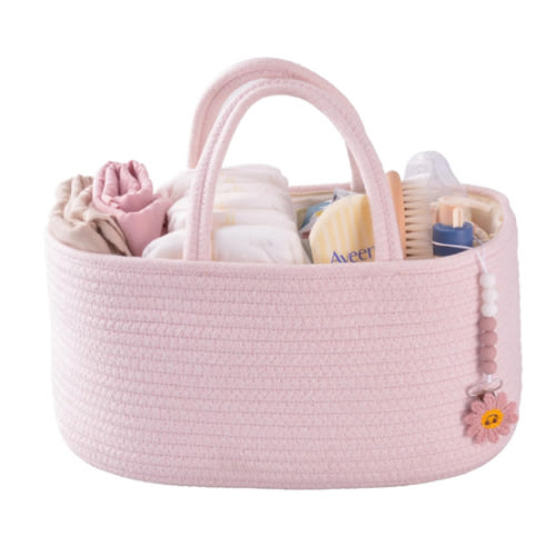 Baby Diaper Caddy Organizer for Girl Boy Rope Nursery Storage Bin Basket Portable Holder Tote Bag for Changing Table Car Travel Baby Shower Gifts Newborn Essentials Registry Must Have Items Pink