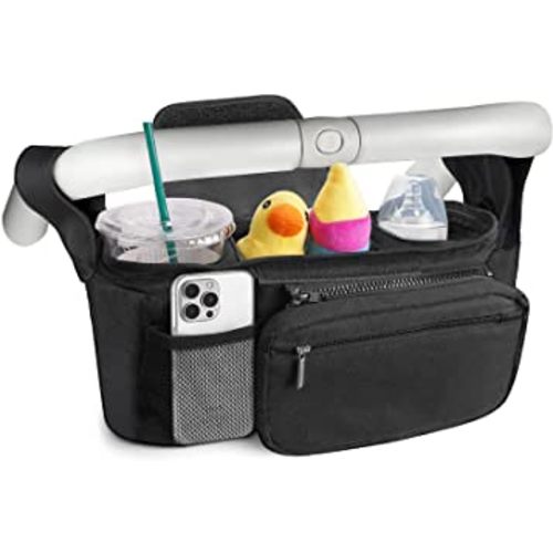 EASYFUN Baby Stroller Organizer with 2 Insulated Cup Holder Detachable Zippered Pocket & Adjustable Shoulder Strap, Universal Stroller Accessories Fits For All Baby Strollers