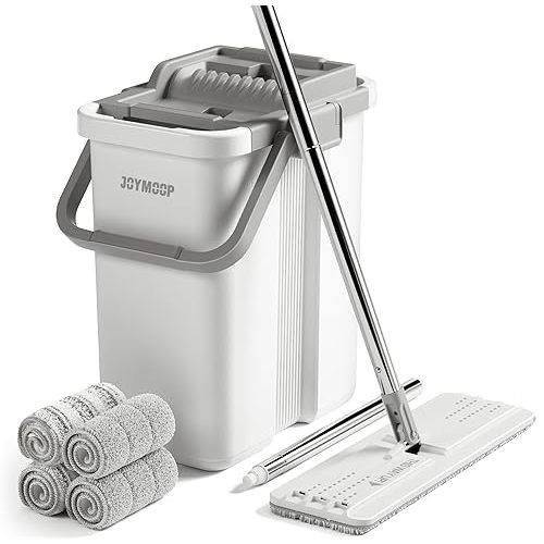 JOYMOOP Mop and Bucket with Wringer Set, Flat Squeeze Mop Flat Head, Dust Mops for Wall Cleaner with Long Handle, Hands-Free Microfiber Mops for Floor Cleaning - White