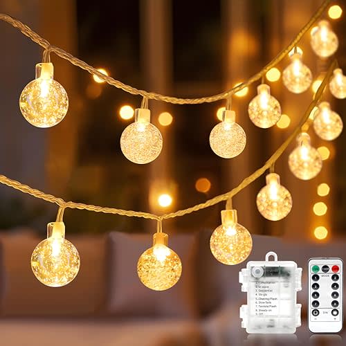 Metaku Globe String Lights Fairy Battery Operated 26ft 60LED with Remote Waterproof Indoor Outdoor Hanging Decorative Christmas for Home Party Patio Garden Wedding