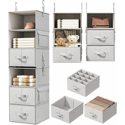 Vailando 6-Shelf Hanging Closet Organizer with 3 Drawers, 2 Separable 3-Shelf Closet Organizers and Storage for Wardrobe Organization, Hanging Dresser for Nursury & Dorm Clothes Organizer