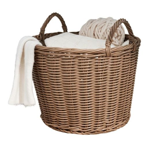 Round Resin Wicker Storage Basket with Handles, 16" Basket for Blankets, Laundry, Toys & Home Organization