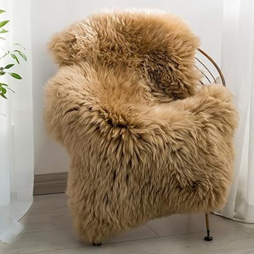Premium Genuine Sheepskin Area Rug for Bedroom,Real Fluffy Soft Wool Fur Carpet Natural Luxury Lambskin Rugs Seat Chair Covers for Couch Sofa Living Room(Tan,2×3 Feet Sheepskin)