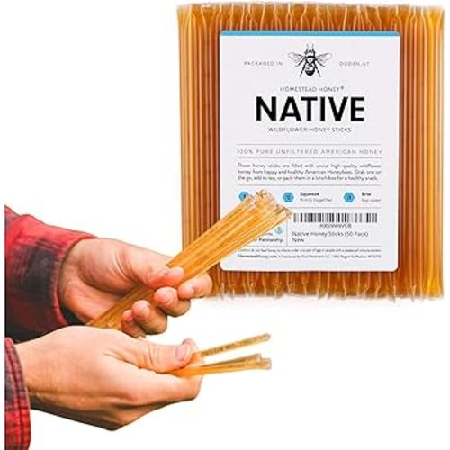 Homestead Honey Native Honey Sticks for Tea - 50-Pack Bulk Packets, Single Serve - Pure Wildflower Honey Straws - Easy-to-Open Honeycomb Stir Sticks for On-the-Go, Snacks, and Travel