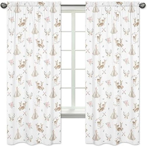 Sweet Jojo Designs Blush Pink, Mint Green and White Boho Window Treatment Panels Curtains for Woodland Deer Floral Collection - Set of 2