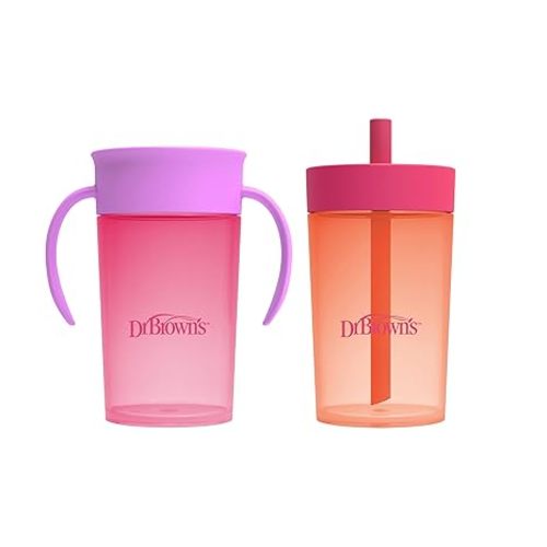 Dr. Brown's Milestones Straw to 360° Cup Set, Convertible Toddler Training Cup Set with Interchangeable Silicone Straw and 360 Degree Cup Lids, Pink Coral, 10 oz/300 mL, BPA Free, 9m+, 2 Pack