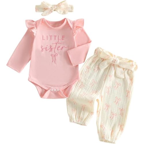 Newborn Baby Girl Clothes Little Sister Outfit Long Sleeves Romper Pants Baby Clothes for Girls 0 3 6 12 18 Months