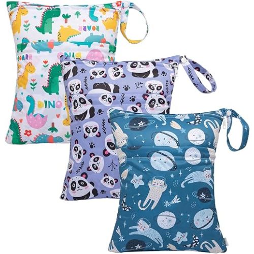 babygoal Wet Dry Bags for Baby Cloth Diapers, Washable Travel Bags,Beach,Pool,Gym Bag for Swimsuits &Wet Clothes with Two Zippered Pockets 3 Pack, 3LN04