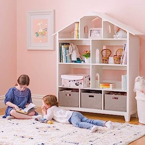 Martha Stewart Kids' Deluxe Dollhouse Bookcase - Creamy White: Large Wooden Organizer Shelves with Storage Bins for Books, Dolls, Toys, School Supplies