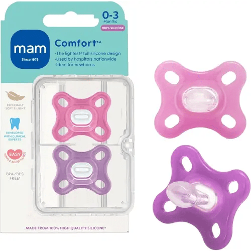 MAM Comfort Baby Pacifiers, Lightweight One-Piece Full Silicone Binky for Newborns 0-3 Months, BPA-Free Nipple, Easy to Clean Pacifier, Best for Breastfed Babies, with Sterilizer Case, 2 Count Binkies