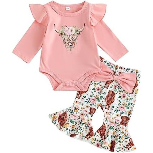 TheFound Western Baby Girl Clothes Ruffle Romper Cow Print Bell Bottoms Cowgirl Outfits for Girls Newborn Cute 2Pcs Set