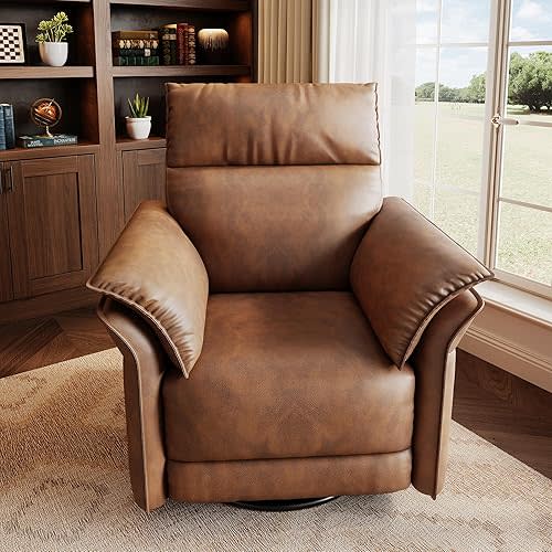 Power Recliner Chair Swivel Glider Upholstered Faux Leather Nursery Rocker Reclining Sofa Chair with Charging Port, Double-Layered Armrests & Side Pocket for Living Room and Bedroom (Brown)
